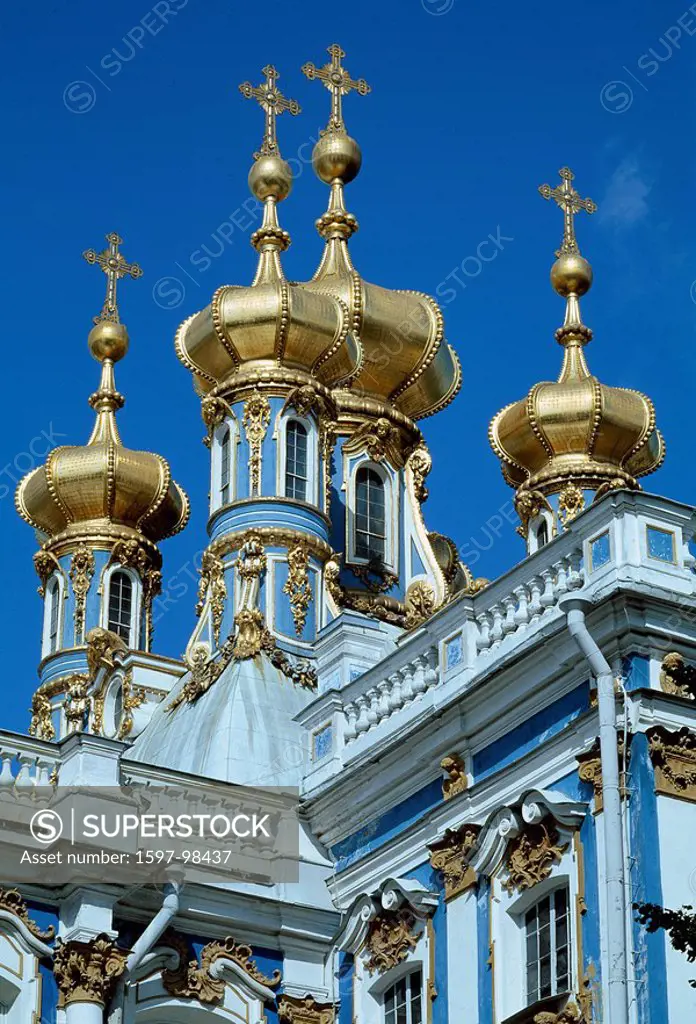 Russia, Catherine Palace, Pushkin, near Saint Petersburg, Tsarskoye Selo, Amber room, golden, onion domes, architectur
