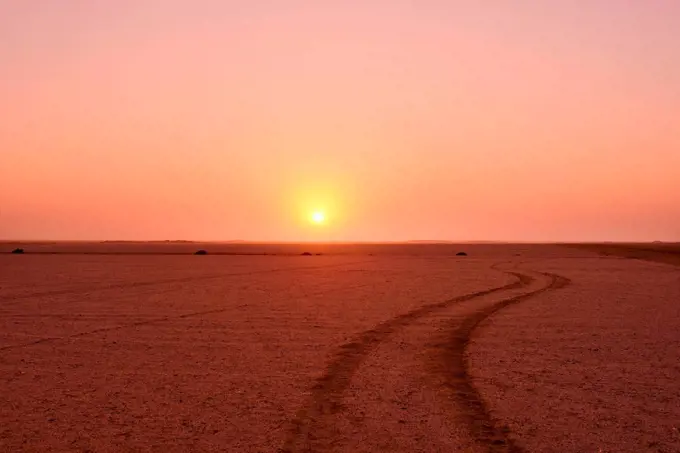 Africa, Henties Bay, Namibia, Skeleton Coast, car, colorful, curvy, dusk, horizontal, orange, sundown, sunset, tire tracks, tracks, vivid