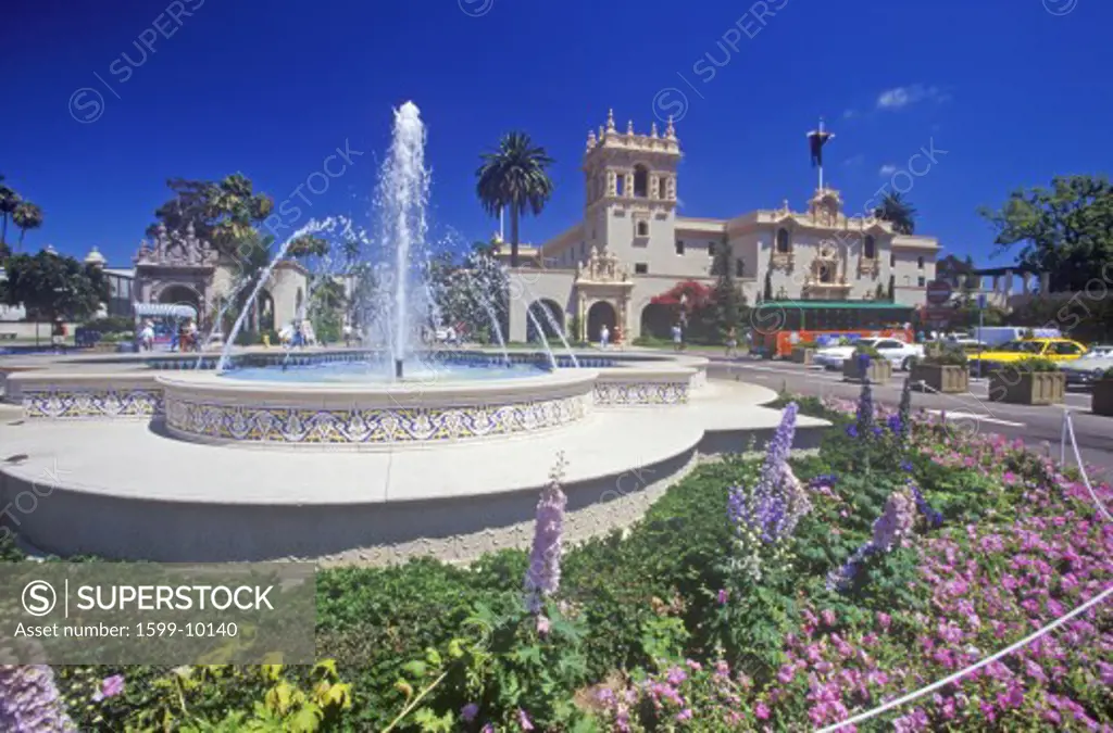 Fountain and flowers at Balboa Park Gardens, San Diego, California