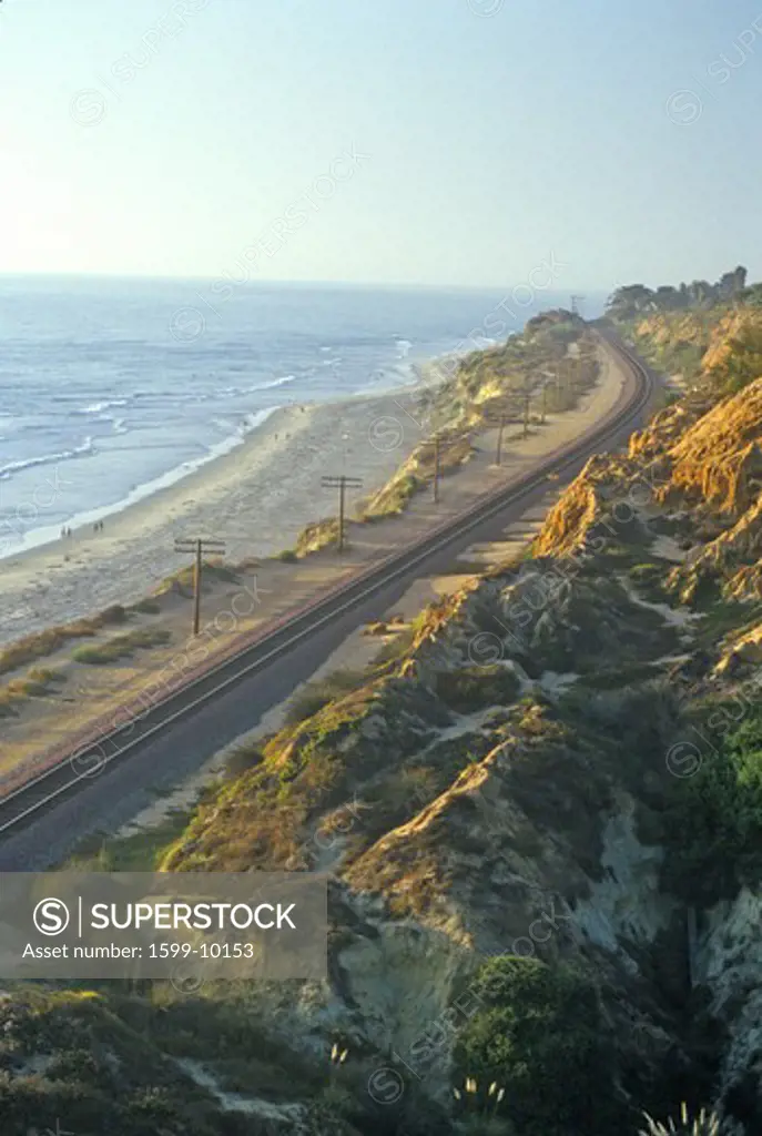 Train route along the San Diego coast at sunset, San Diego, California