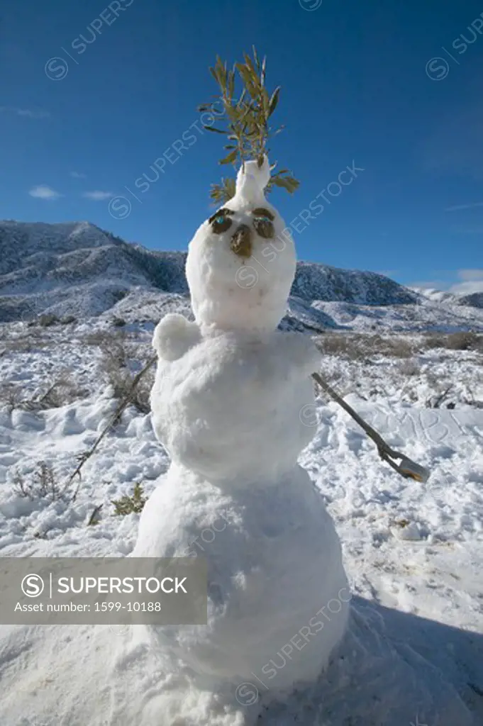 Snowman in fresh snowfall along Highway 33 north of Ojai, California