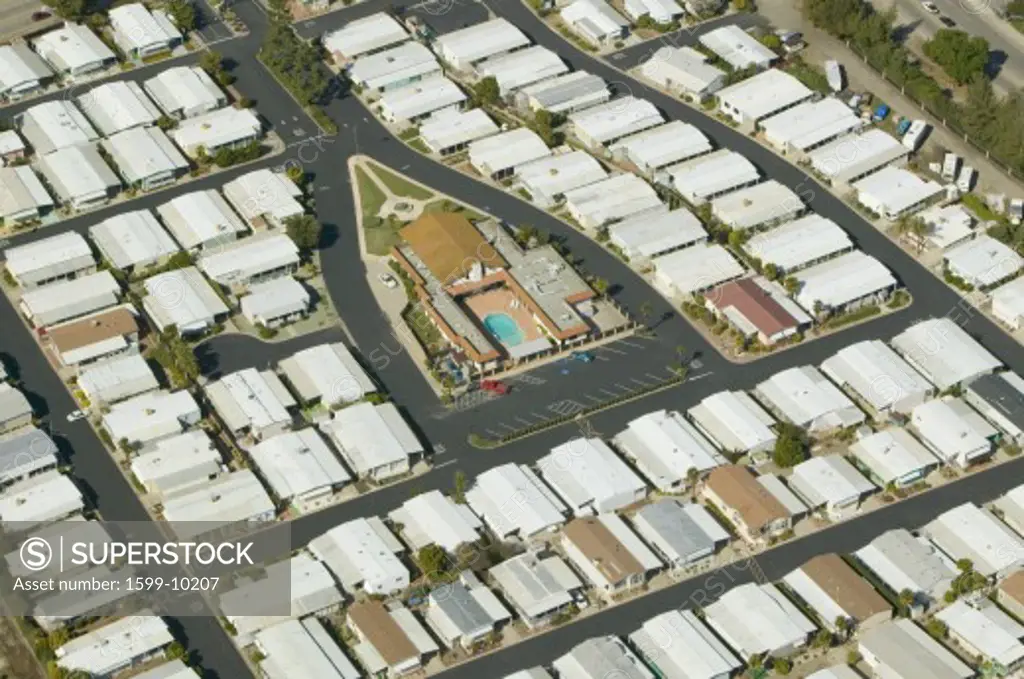 Aerial view of Senior retirement community of mobile homes in Ventura County, Ojai, CA