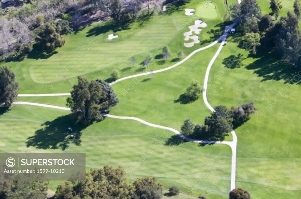 Triangular aerial view of Ojai Valley Inn Country Club Golf Course in Ventura County, Ojai, CA