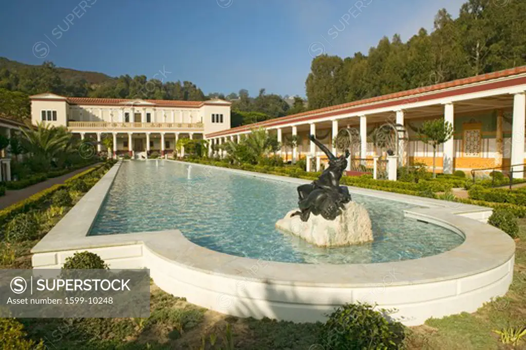 Colonnade and long pool of the Getty Villa, Malibu Villa of the J. Paul Getty Museum in Los Angeles, California