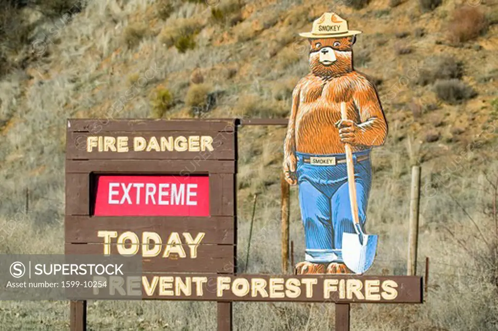 Smokey the Bear warns of forest fires in Ventura County near Lockwood Valley, California on highway 33