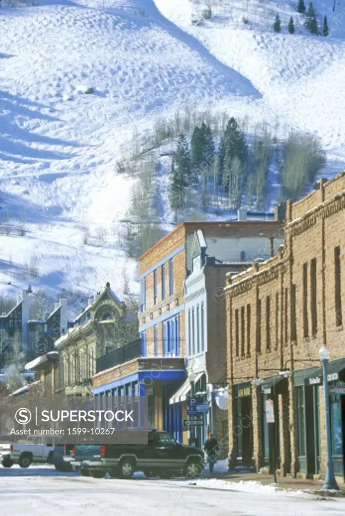 Storefronts and ski slope in the town of Aspen, Colorado