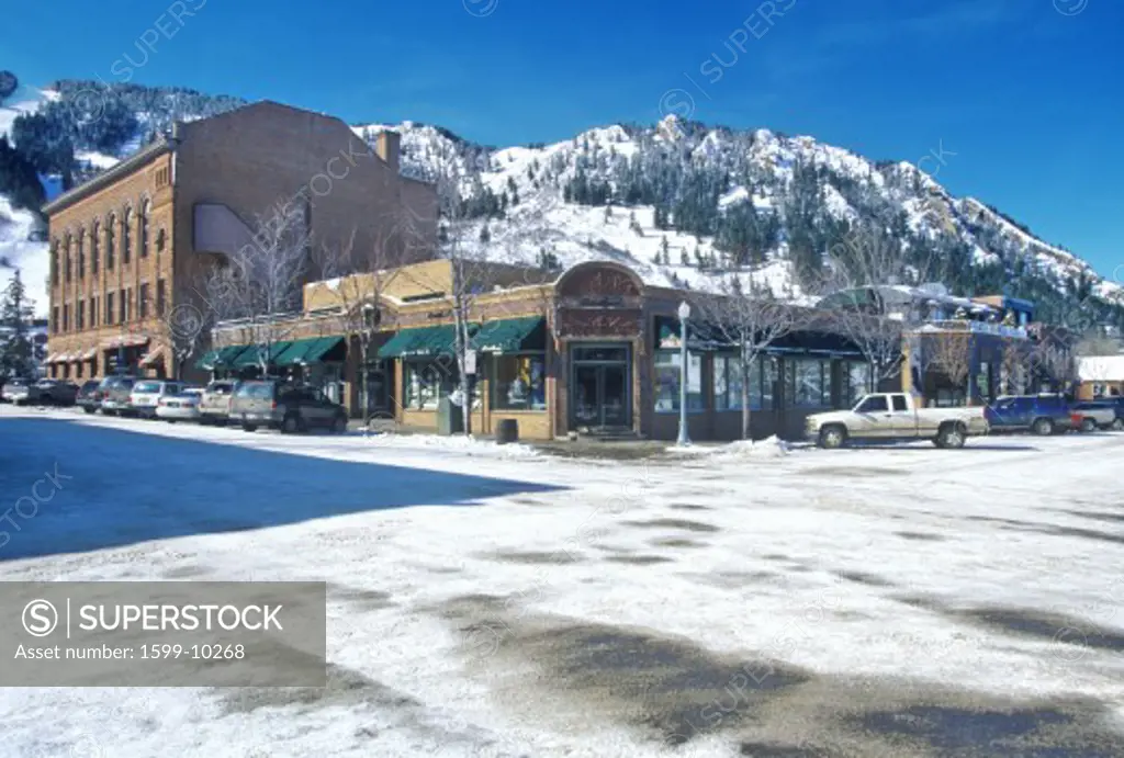 Storefronts and ski slope in the town of Aspen, Colorado