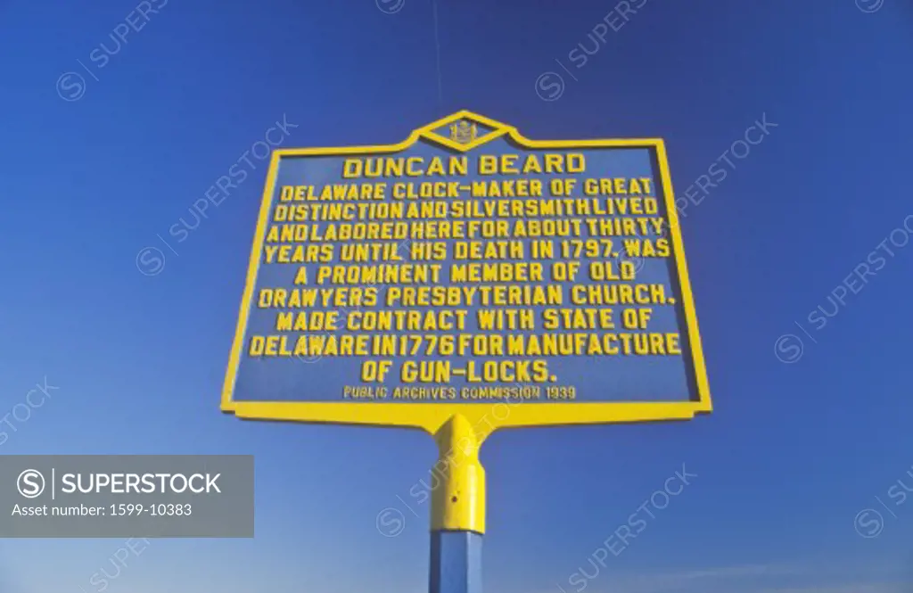 Commemorative sign for the Scottish immigrant clockmaker Duncan Beard, Delaware
