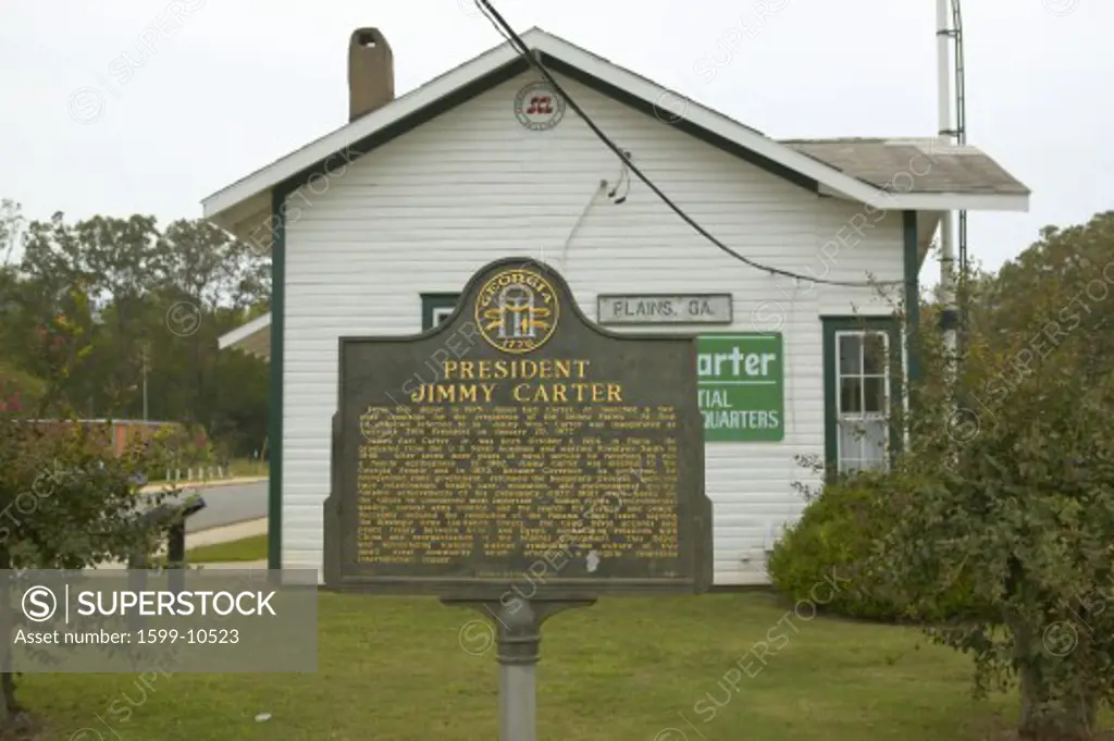 Commemorative plaque reads, President Jimmy Carter” in front of his presidential campaign headquarters in Plains, Georgia