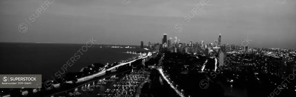 Grayscale panoramic view of Diversey Harbor and Lincoln Park, Chicago, IL