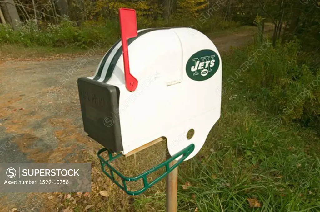New York Jets NFL football helmet mailbox in Massachusetts, New England countryside