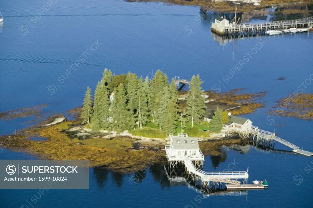 Aerial view of Boothbay Harbor and island on Maine coastline