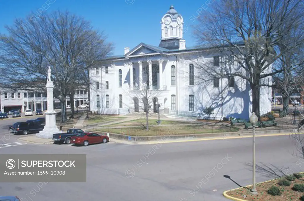 Lafayette County Court House in center of historic old southern town and storefronts of Oxford, MS