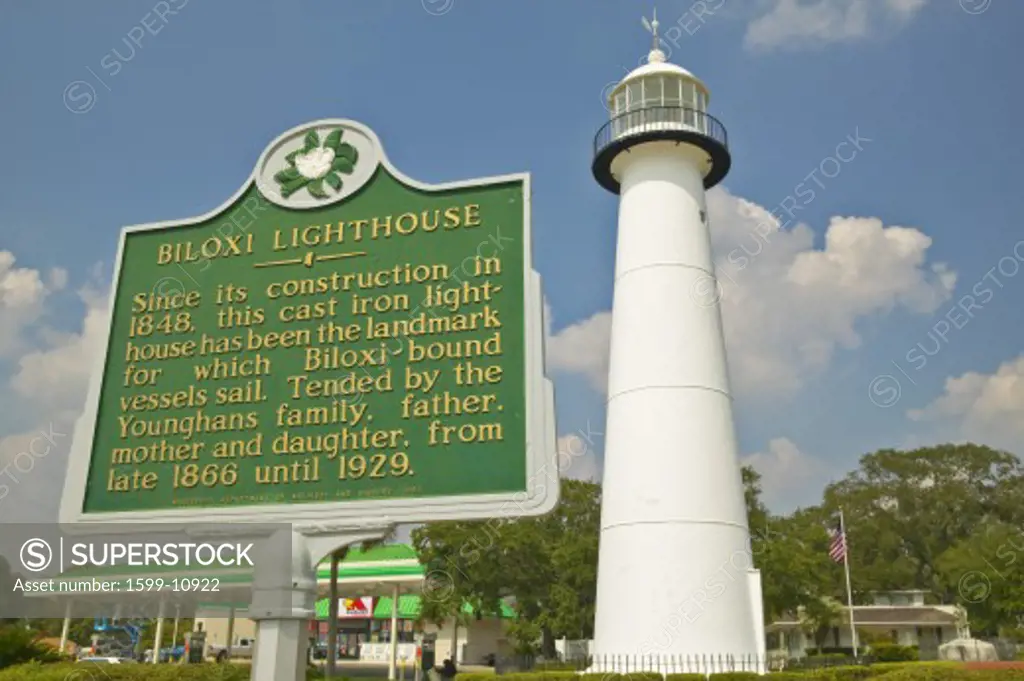 Biloxi Lighthouse and information sign in Biloxi, MS