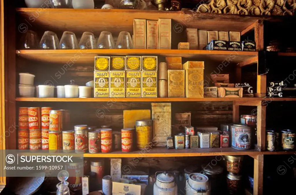Interior of General Store with goods on shelves in Ghost Town near Virginia City, MT