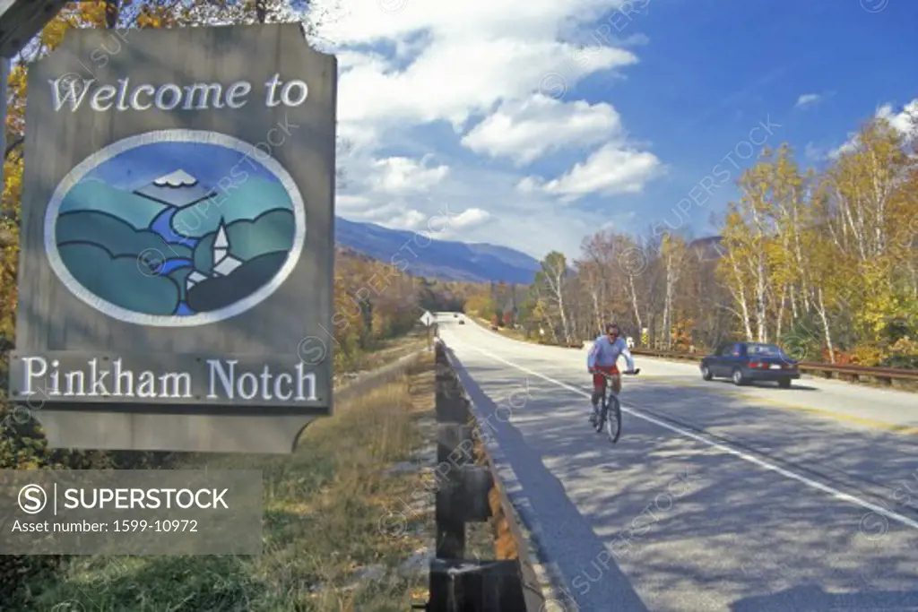 Welcome sign to Pinkham Notch, NH on Route 16 in White Mountains