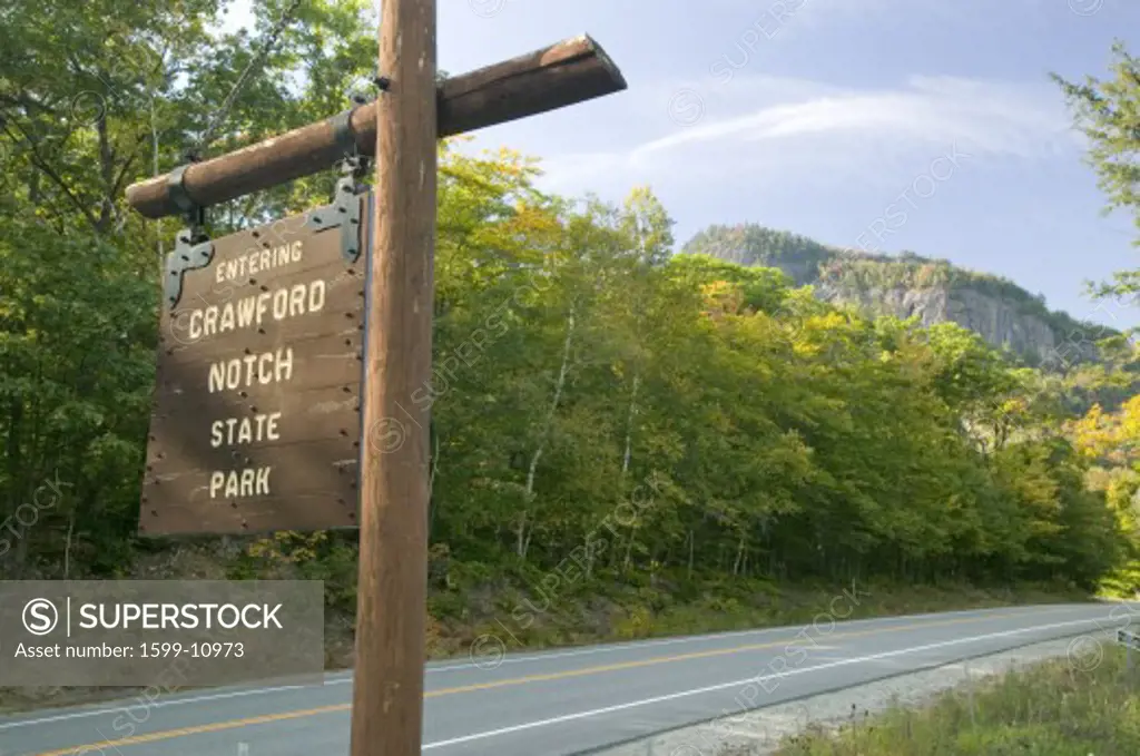 Sign reads Entering Crawford Notch State Park, New Hampshire
