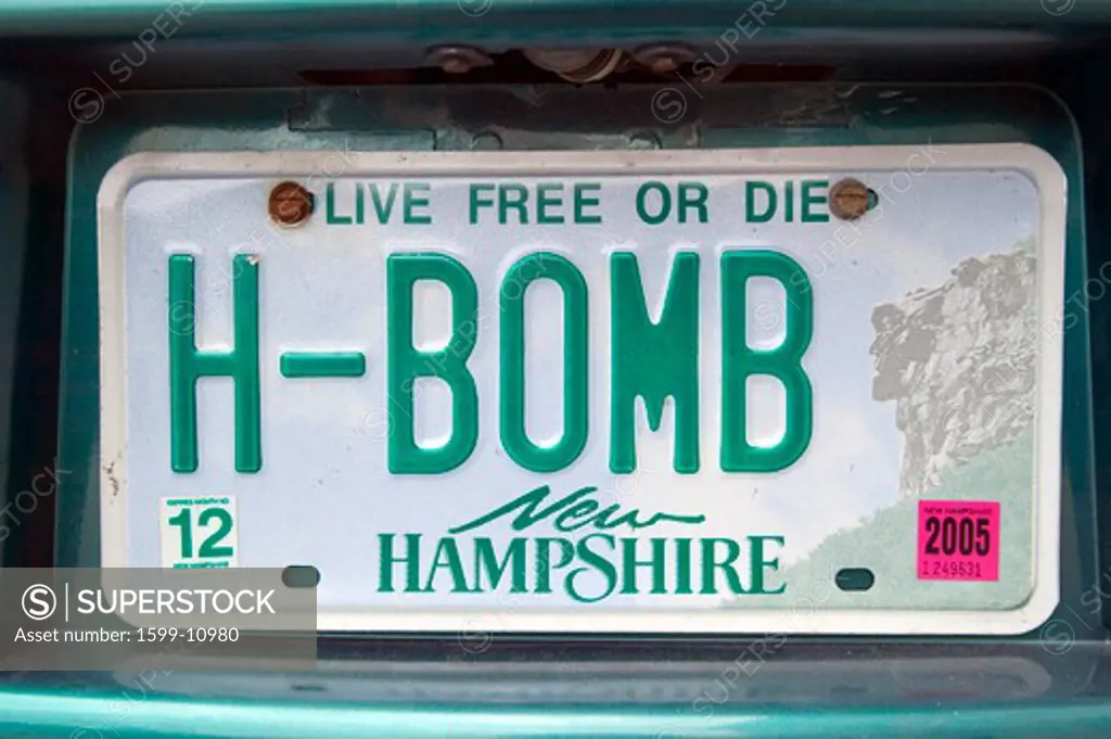 A New Hampshire license plate reads H-BOMB