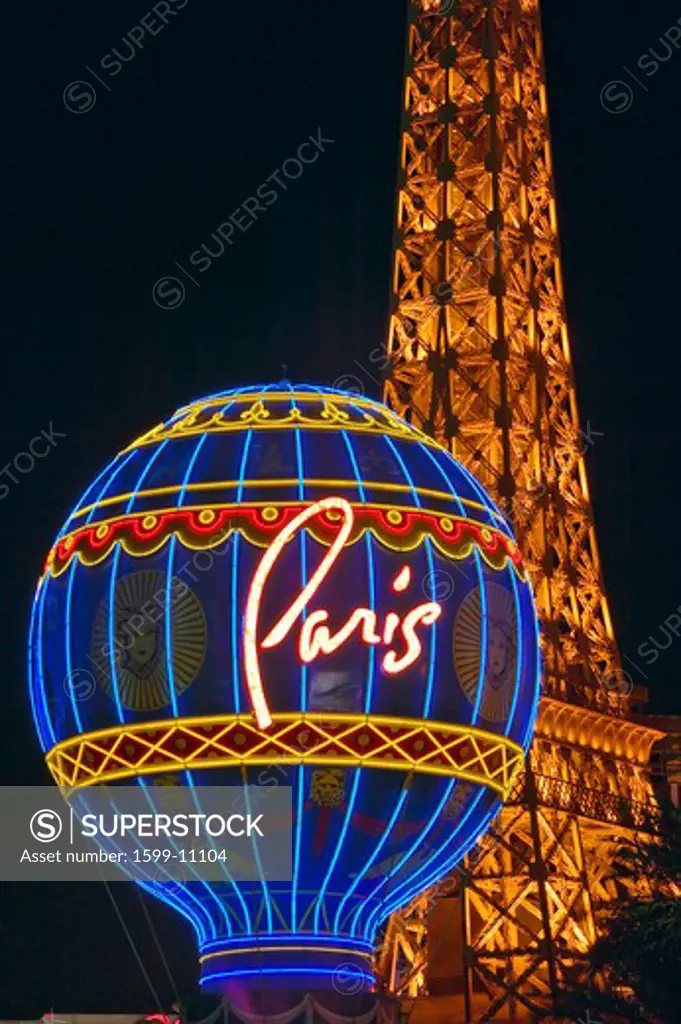 Paris Casino Balloon and Eiffel Tower neon lights, Las Vegas, NV