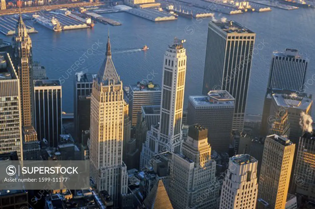 Aerial view of Wall Street, Financial District, New York City, NY