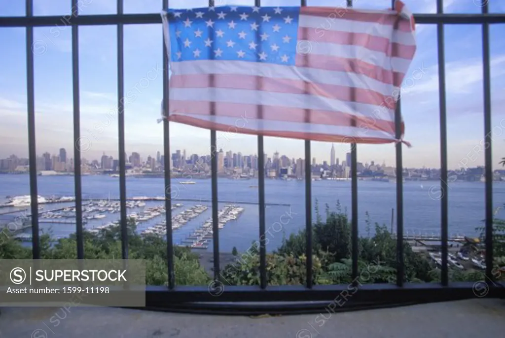September 11, 2001 Memorial on rooftop looking over Weehawken, New Jersey, New York City, NY