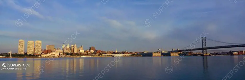 Panoramic view of Delaware River as seen from Camden New Jersey of Philadelphia, PA at sunrise