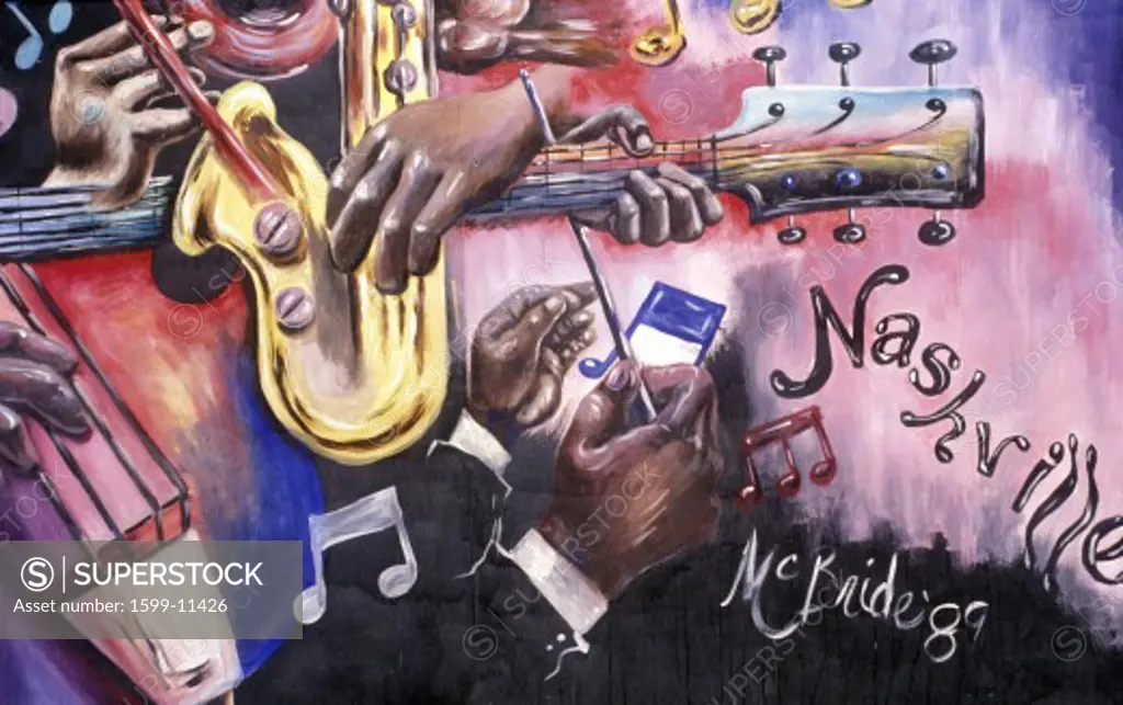 Detail of mural depicting music scene in Nashville, TN