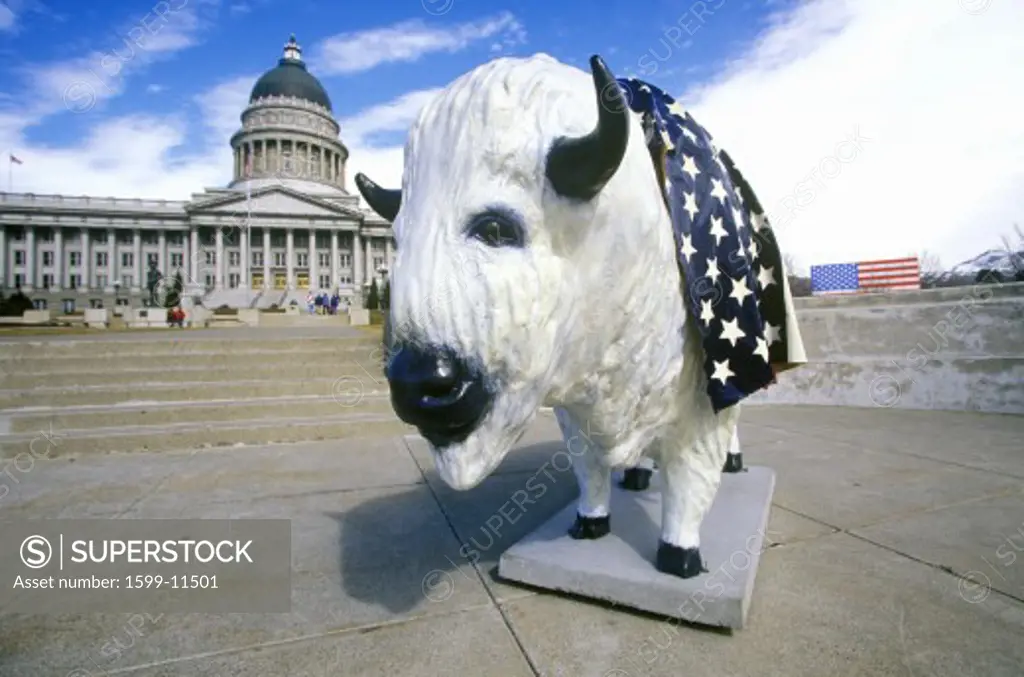 Painted statue of Buffalo in front of state capitol building, Salt Lake City, UT