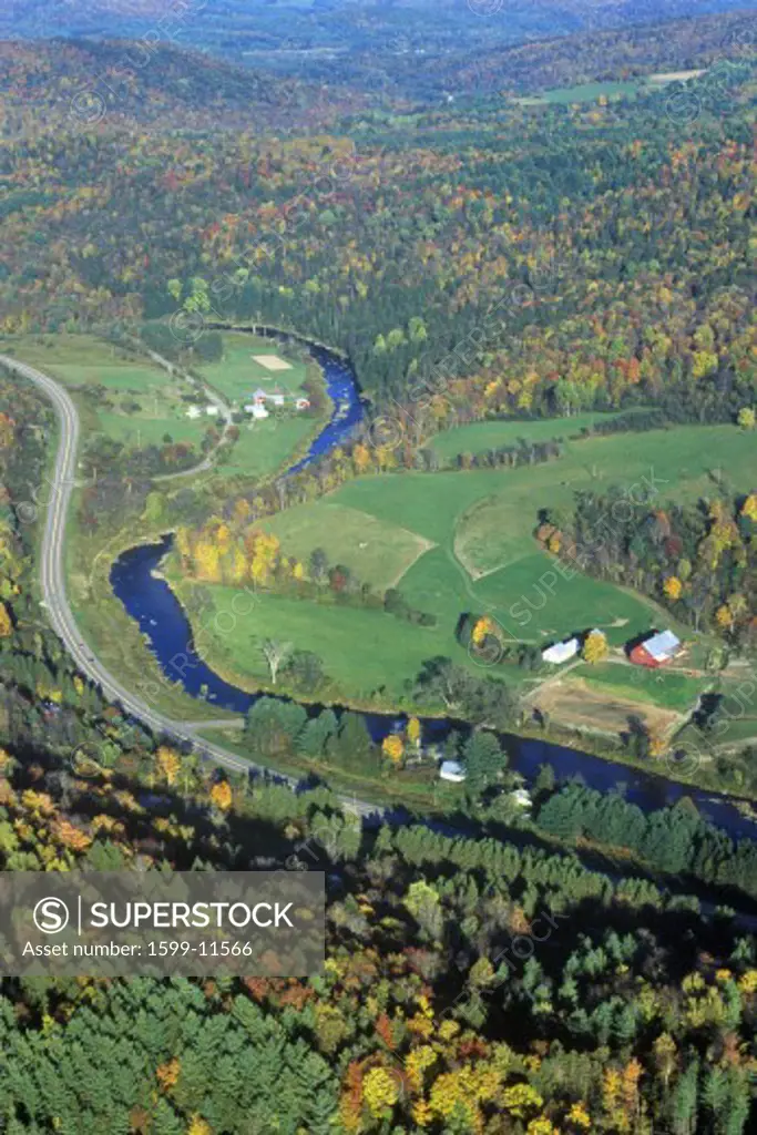 Aerial view of farm near Stowe, VT in autumn on Scenic Route 100