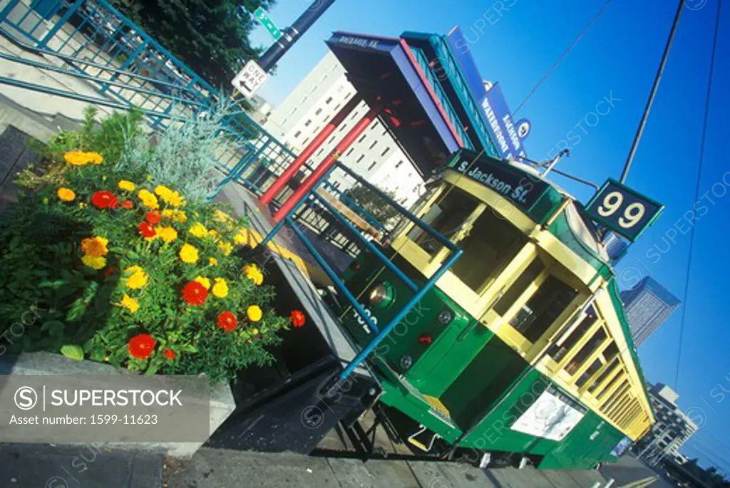 Street car and flower box at 'End of Line', Seattle, WA