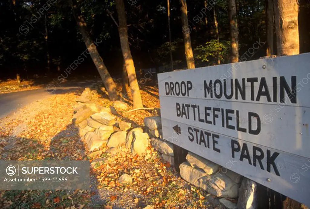 Sign at the entrance of Droop Mountain Battlefield State Park, Civil War battleground, Scenic Route 39, WV