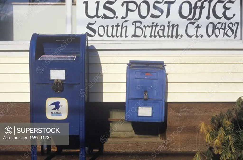U.S. mailboxes in front of post office, South Britain, CT