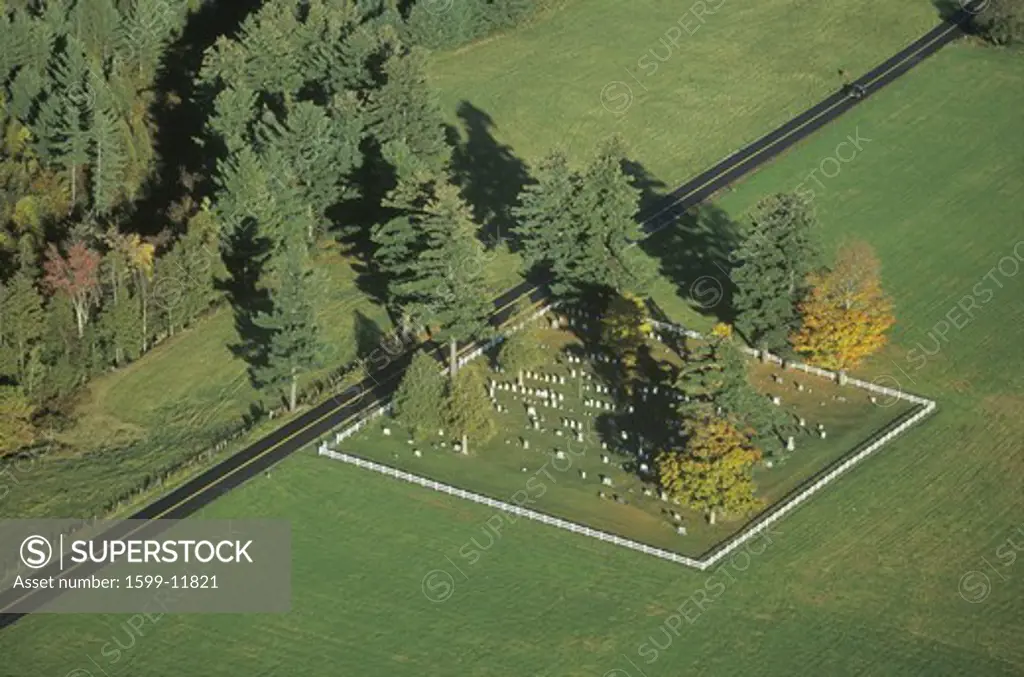Aerial view of a family cemetery in autumn, VT