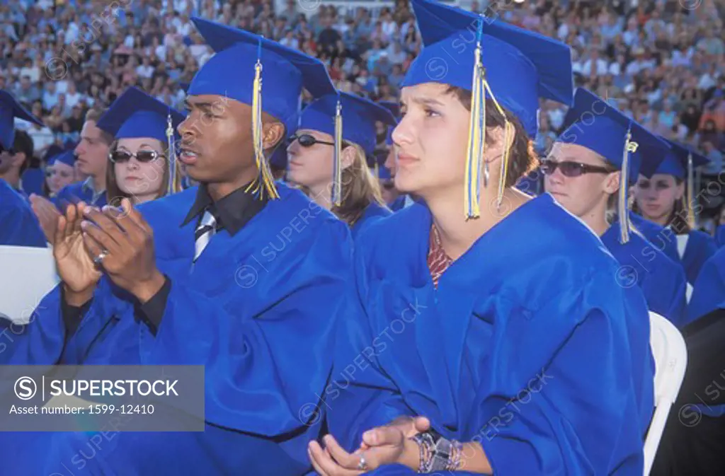 High school graduating class at their commencement ceremony, Nordhoff High School, Ojai, CA
