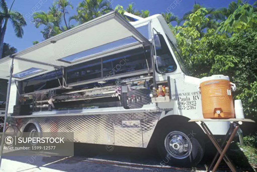 Kraft Services catering truck on location of film set of 'Temptation, Miami, FL