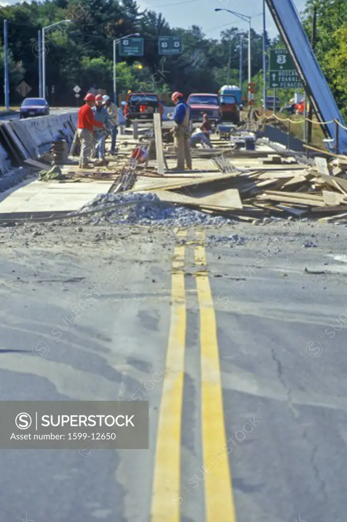 Road Repair workmen on bridge, New England