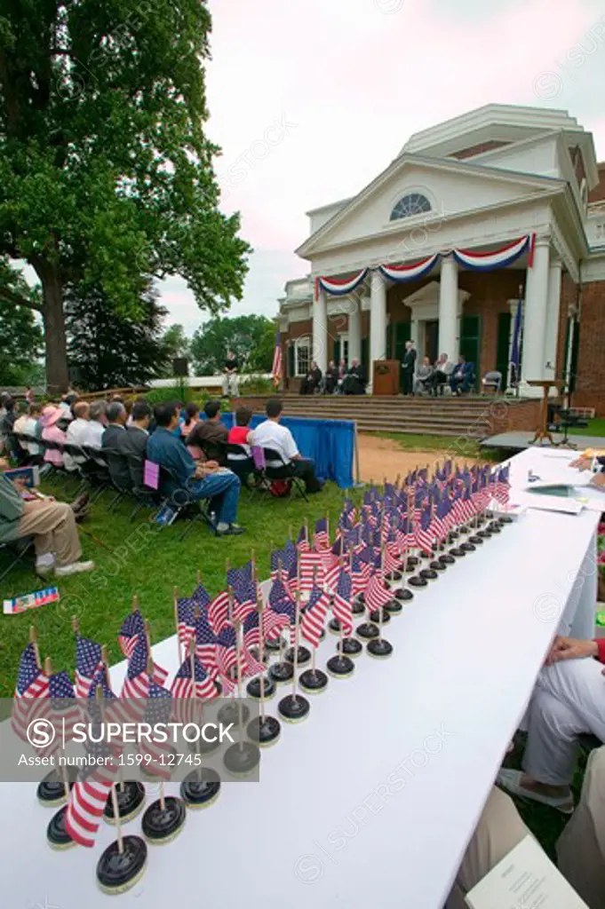 American flags for 76 new American citizens at Independence Day Naturalization Ceremony on July 4, 2005 at Thomas Jefferson's home, Monticello, Charlottesville, Virginia, on the anniversary of Jefferson's death day and the signing of the Declaration of Independence