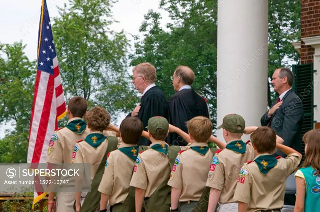 Boy Scouts and judge saying the Pledge of Allegiance with 76 new American citizens at Independence Day Naturalization Ceremony on July 4, 2005 at Thomas Jefferson's home, Monticello, Charlottesville, Virginia, on the anniversary of Jefferson's death day and the signing of the Declaration of Independence