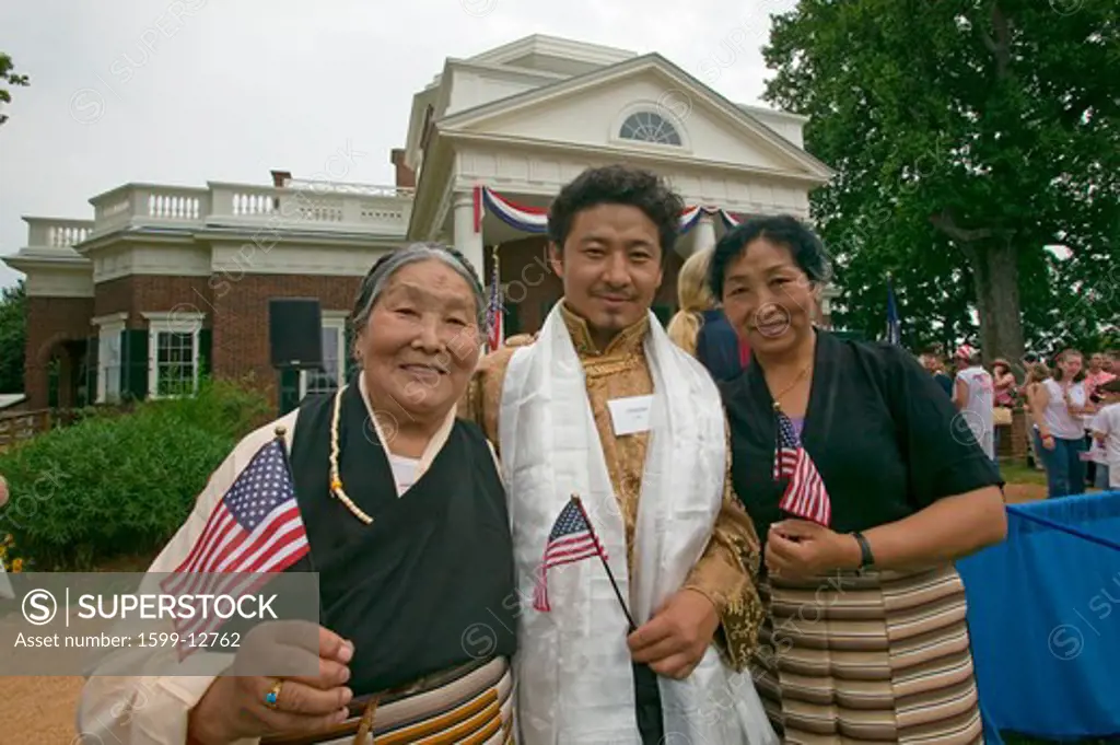 Tibetan immigrant and family and 76 new American citizens at Independence Day Naturalization Ceremony on July 4, 2005 at Thomas Jefferson's home, Monticello, Charlottesville, Virginia, on the anniversary of Jefferson's death day and the signing of the Declaration of Independence