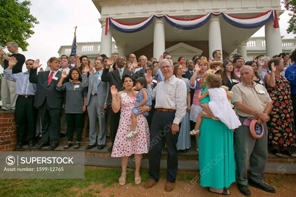 76 new American citizens taking oath of citizenship at Independence Day Naturalization Ceremony on July 4, 2005 at Thomas Jefferson's home, Monticello, Charlottesville, Virginia, on the anniversary of Jefferson's death day and the signing of the Declaration of Independence