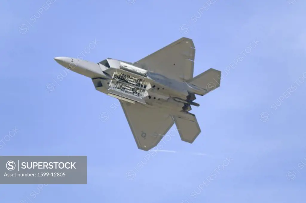 US Air Force F-22A Raptor Jet Fighter flying at the 42nd Naval Base Ventura County (NBVC) Air Show at Point Mugu, Ventura County, Southern California.