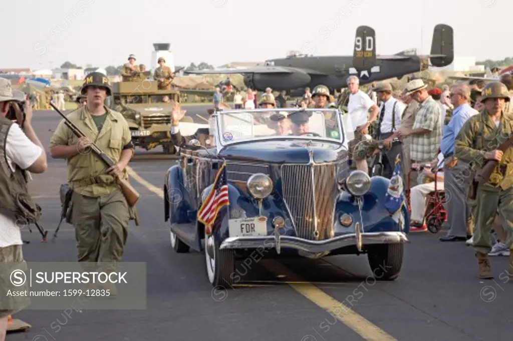 Actors portraying President Franklin D. Roosevelt (FDR) in Presidential limo with his wife Eleanor Roosevelt at Mid-Atlantic Air Museum World War II Weekend and Reenactment in Reading, PA held June 18, 2008