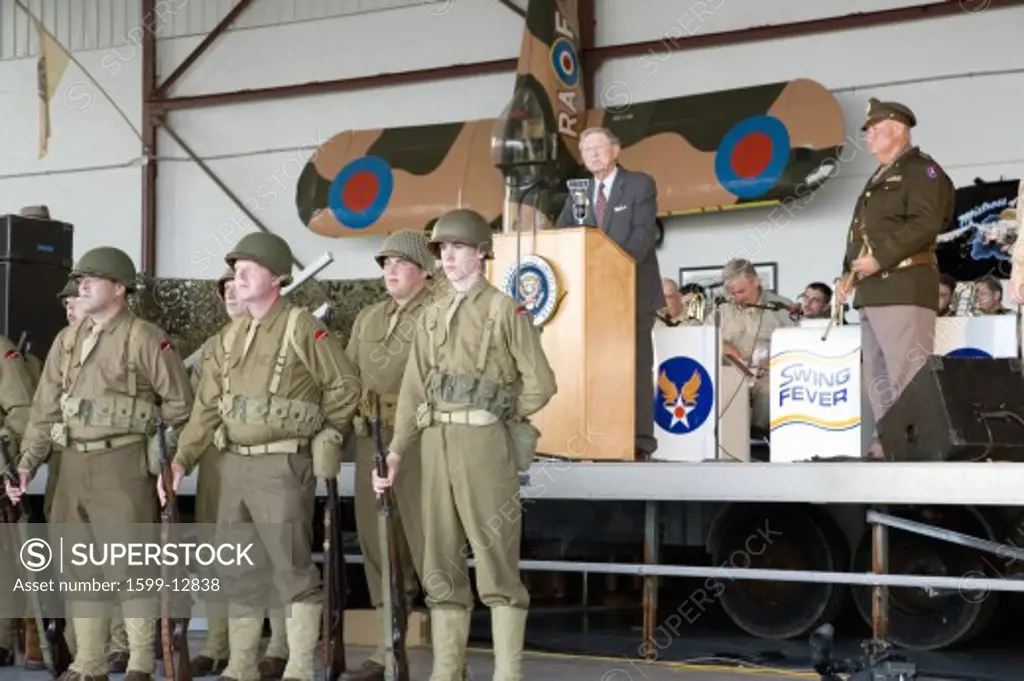Actor portraying President Franklin D. Roosevelt (FDR) delivers 1941 Day of Infamy speech about 1941 Pearl Harbor attack at Mid-Atlantic Air Museum World War II Weekend and Reenactment in Reading, PA held June 18, 2008