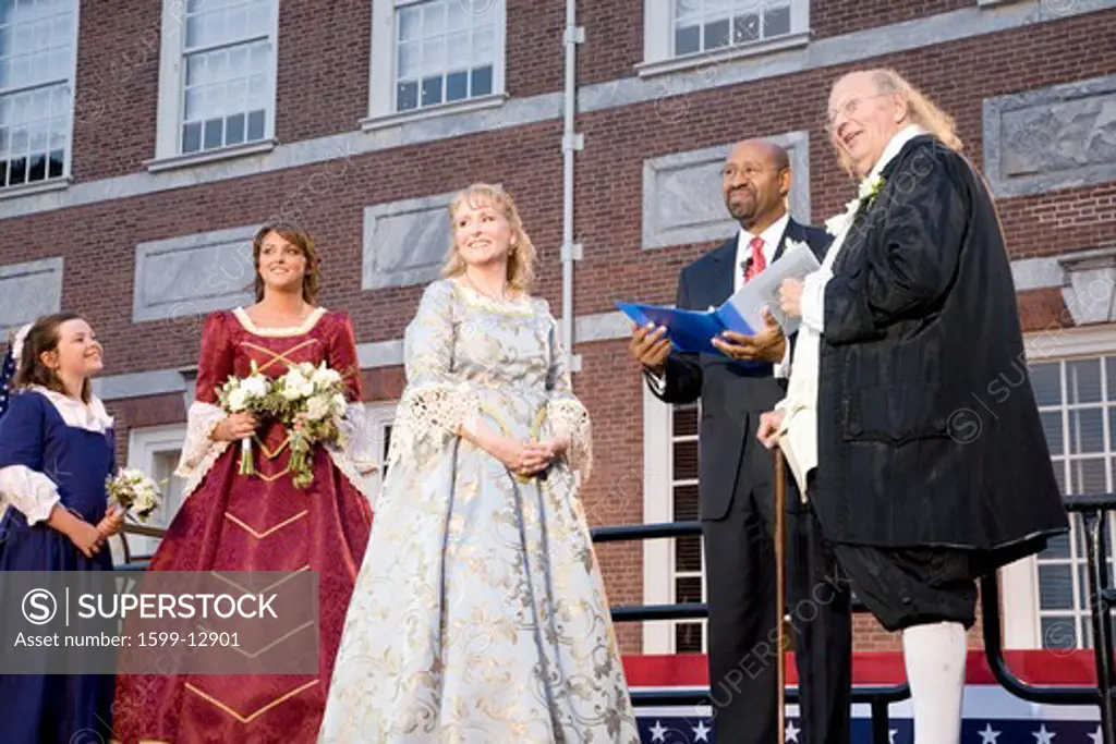 Philadelphia Mayor Michael Nutter marrying Ben Franklin and Betsy Ross on July 3, 2008 in front of Independence Hall, Philadelphia, Pennsylvania