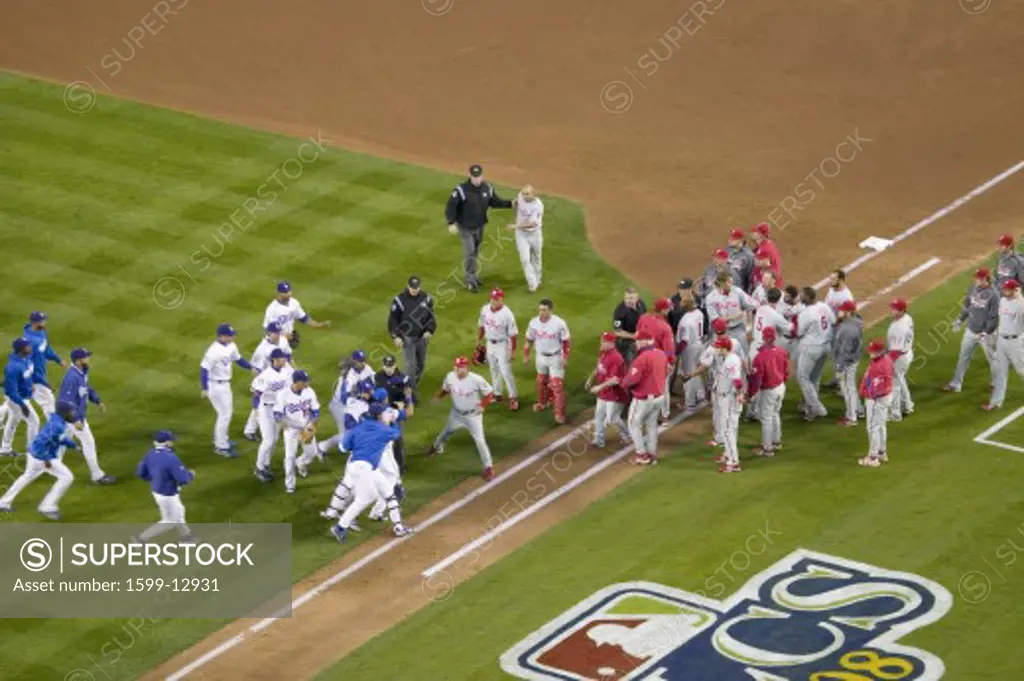 Philadelphia Phillies and LA Dodgers emptying the dugouts onto the playing field and a fight at the National League Championship Series (NLCS), Dodger Stadium, Los Angeles, CA on October 12, 2008