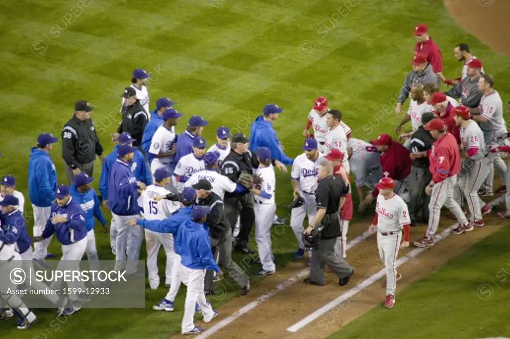 Philadelphia Phillies and LA Dodgers emptying the dugouts onto the playing field and a fight at the National League Championship Series (NLCS), Dodger Stadium, Los Angeles, CA on October 12, 2010