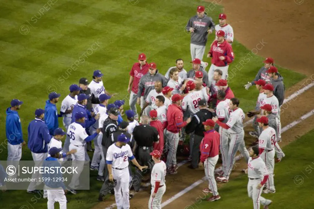 Philadelphia Phillies and LA Dodgers emptying the dugouts onto the playing field and a fight at the National League Championship Series (NLCS), Dodger Stadium, Los Angeles, CA on October 12, 2011