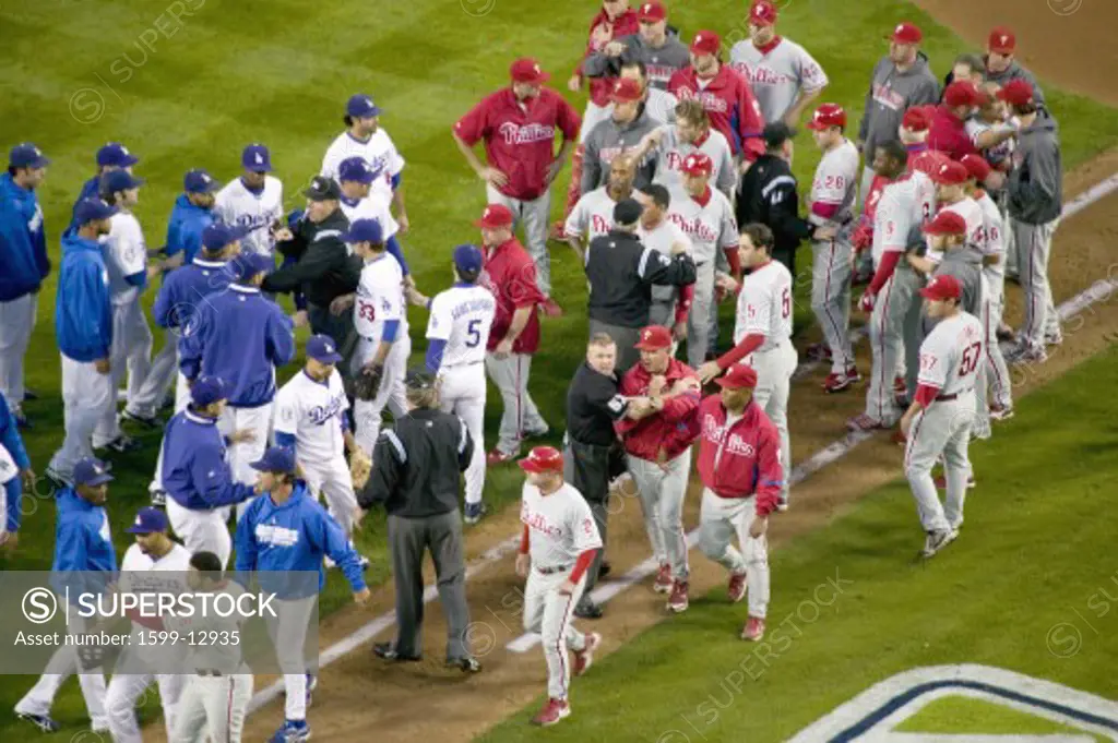 Philadelphia Phillies and LA Dodgers emptying the dugouts onto the playing field and a fight at the National League Championship Series (NLCS), Dodger Stadium, Los Angeles, CA on October 12, 2012