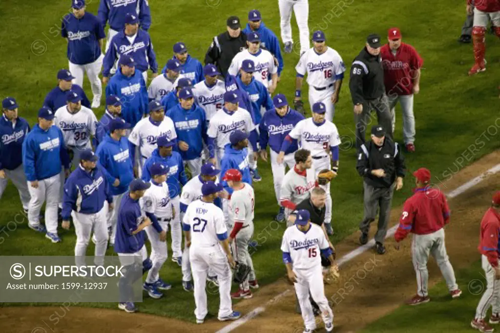 Philadelphia Phillies and LA Dodgers emptying the dugouts onto the playing field and a fight at the National League Championship Series (NLCS), Dodger Stadium, Los Angeles, CA on October 12, 2014
