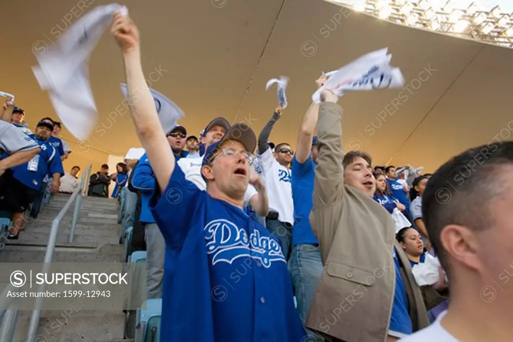 Dodger fans cheering during National League Championship Series (NLCS), Dodger Stadium, Los Angeles, CA on October 12, 2008